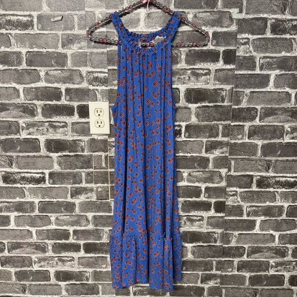 Loft blue red floral dress stretch ruffle hem - Picture 1 of 12